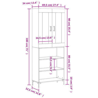 vidaXL Armário alto 69,5x34x180 cm derivados de madeira branco