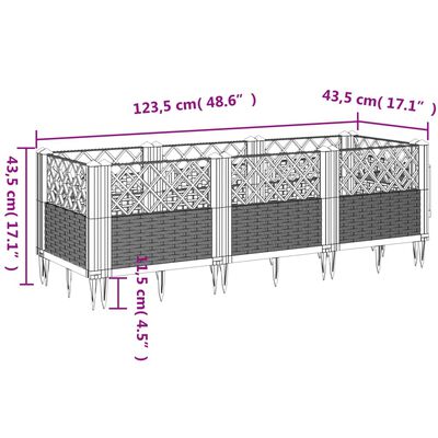 vidaXL Vaso/floreira de jardim c/ estacas 123,5x43,5x43,5 cm PP preto