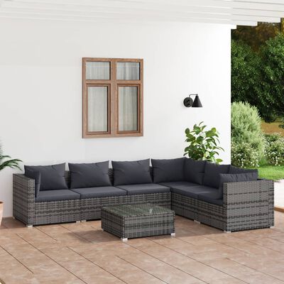 vidaXL 7 pcs conjunto lounge de jardim c/ almofadões vime PE cinzento