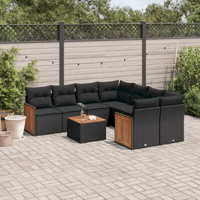 vidaXL 9 pcs conjunto de sofás p/ jardim c/ almofadões vime PE preto