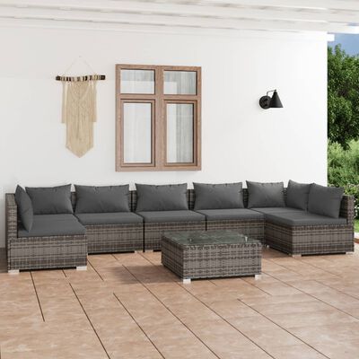 vidaXL 8 pcs conjunto lounge de jardim c/ almofadões vime PE cinzento