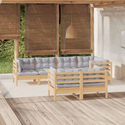 vidaXL 7 pcs conjunto lounge de jardim + almofadões cinza pinho maciço