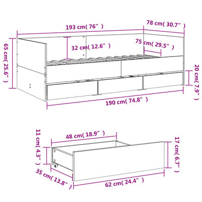 vidaXL Sofá-cama com gavetas sem colchão 75x190 cm carvalho castanho