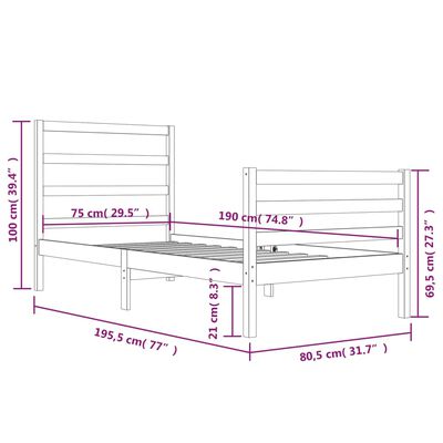 vidaXL Estrutura de cama pequena solteiro 75x190 cm pinho maciço preto