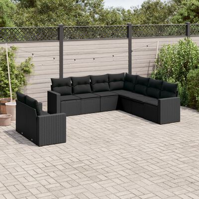 vidaXL 9 pcs conjunto de sofás p/ jardim c/ almofadões vime PE preto