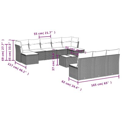 vidaXL 11 pcs conjunto sofás de jardim c/ almofadões vime PE preto