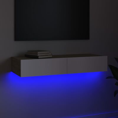 vidaXL Móvel de TV com luzes LED 90x35x15,5 cm branco/carvalho sonoma