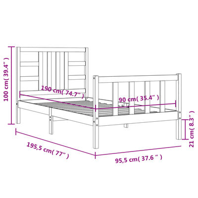 vidaXL Estrutura de cama com cabeceira 90x190 cm madeira maciça