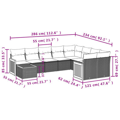 vidaXL 10 pcs conjunto de sofás p/ jardim com almofadões vime PE bege