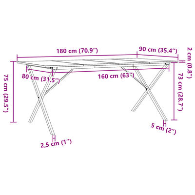 vidaXL Mesa de jantar estrutura em X 180x90x75cm pinho e ferro fundido