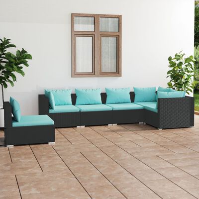 vidaXL 6 pcs conjunto lounge de jardim c/ almofadões vime PE preto