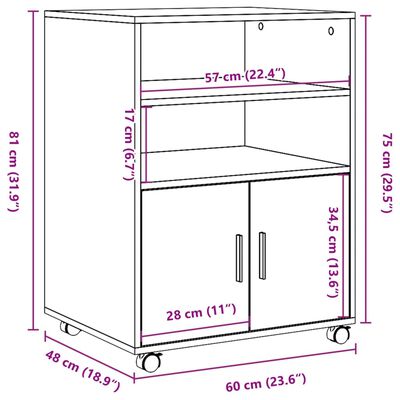 vidaXL Móvel c/ rodas 60x48x81 cm derivados de madeira cinzento sonoma