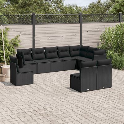 vidaXL 10 pcs conjunto sofás de jardim c/ almofadões vime PE preto