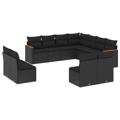 vidaXL 11 pcs conjunto sofás de jardim c/ almofadões vime PE preto