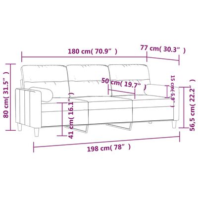 vidaXL Sofá 3 lugares + almofadas decorativas 180 cm tecido cor creme