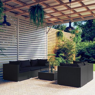 vidaXL 6 pcs conjunto lounge de jardim c/ almofadões vime PE preto