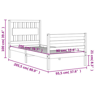 vidaXL Estrutura de cama com cabeceira 90x200 cm madeira maciça