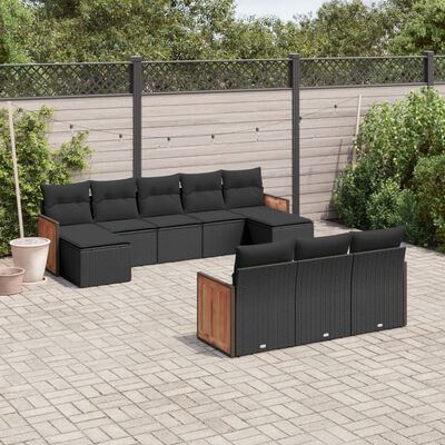 vidaXL 10 pcs conjunto sofás de jardim c/ almofadões vime PE preto