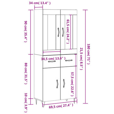 vidaXL Armário alto 69,5x34x180 cm derivados de madeira branco