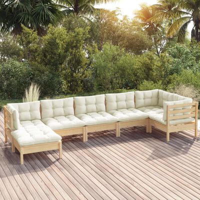 vidaXL 7 pcs conjunto lounge jardim c/ almofadões creme pinho maciço