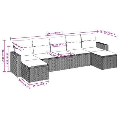 vidaXL 7 pcs conjunto de sofás jardim c/ almofadões vime PE castanho