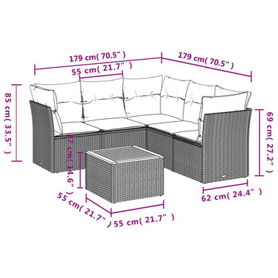 vidaXL 6 pcs conjunto sofás de jardim c/ almofadões vime PE preto