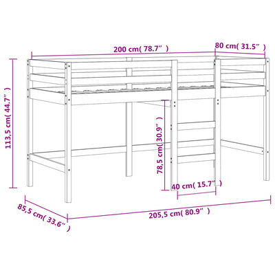 vidaXL Cama alta criança c/ cortina 80x200cm pinho maciço branco/preto