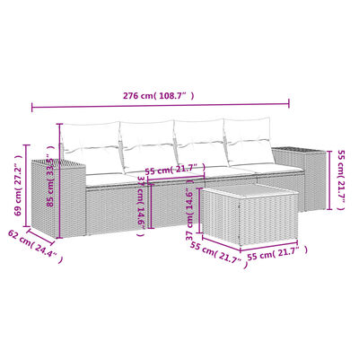 vidaXL 5 pcs conjunto de sofás p/ jardim com almofadões vime PE bege