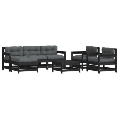 vidaXL 7 pcs conjunto lounge jardim c/ almofadões madeira maciça preto