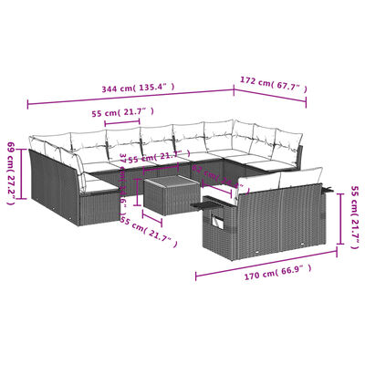 vidaXL 13 pcs conjunto de sofás de jardim com almofadões vime PE preto