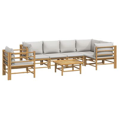 vidaXL 7 pcs conj. lounge de jardim bambu c/ almofadões cinzento-claro