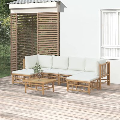 vidaXL 7 pcs conjunto lounge de jardim bambu c/ almofadões branco nata