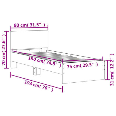 vidaXL Estrutura de cama c/ cabeceira/luzes LED 75x190 cm cinza sonoma