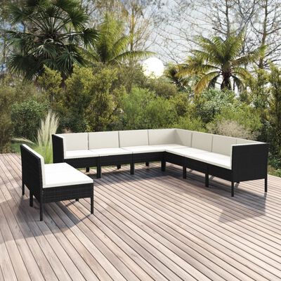 vidaXL 9 pcs conjunto lounge de jardim c/ almofadões vime PE preto