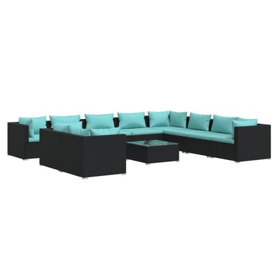 vidaXL 11 pcs conjunto lounge de jardim c/ almofadões vime PE preto