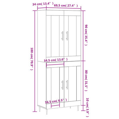 vidaXL Armário alto 69,5x34x180 cm derivados de madeira sonoma cinza