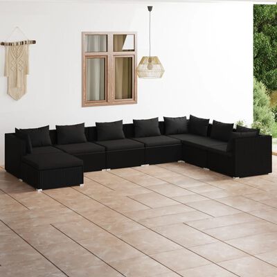 vidaXL 8 pcs conjunto lounge de jardim c/ almofadões vime PE preto