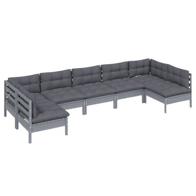 vidaXL 7 pcs conjunto lounge de jardim + almofadões pinho maciço cinza