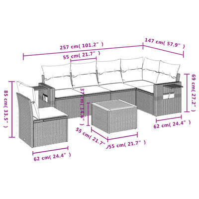 vidaXL 7 pcs conjunto de sofás p/ jardim c/ almofadões vime PE preto