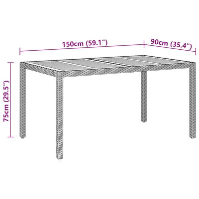 vidaXL Mesa de jardim 150x90x75cm madeira de acácia e vime PE cinzento