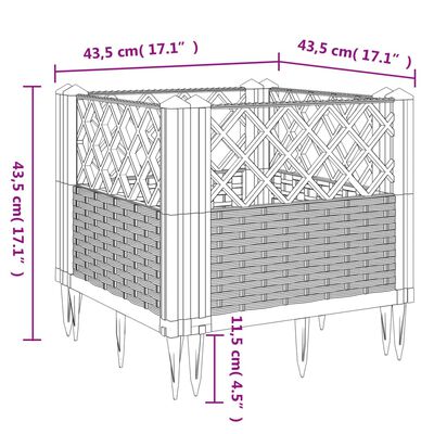 vidaXL Vaso/floreira de jardim c/ estacas 43,5x43,5x43,5cm PP cinzento