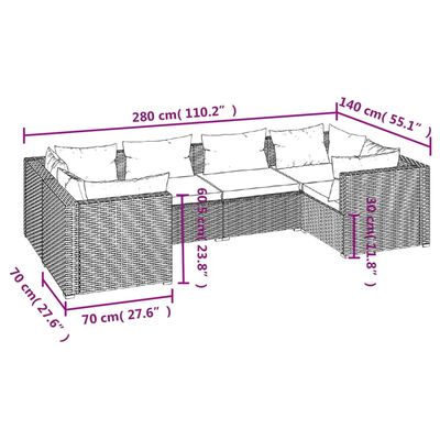 vidaXL 6 pcs conjunto lounge de jardim c/ almofadões vime PE preto