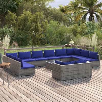 vidaXL 13 pcs conjunto lounge de jardim c/ almofadões vime PE cinzento