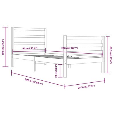 vidaXL Estrutura de cama 90x200 cm pinho maciço castanho mel