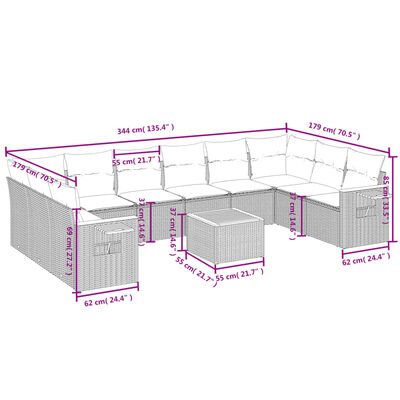 vidaXL 11 pcs conjunto sofás de jardim c/ almofadões vime PE preto