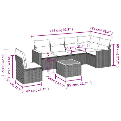 vidaXL 7 pcs conjunto sofás p/ jardim c/ almofadões vime PE cinzento