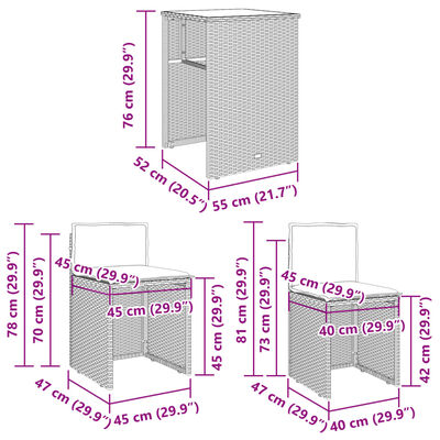 vidaXL 3 pcs conjunto bistrô com almofadões vime PE castanho