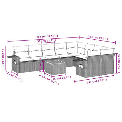 vidaXL 10 pcs conjunto sofás de jardim c/ almofadões vime PE preto