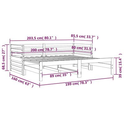 vidaXL Sofá-cama de puxar 2x(80x200) cm pinho maciço preto