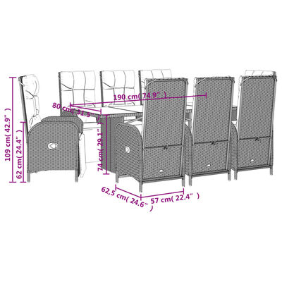 vidaXL 9 pcs conjunto de jantar p/ jardim c/ almofadões vime PE cinza